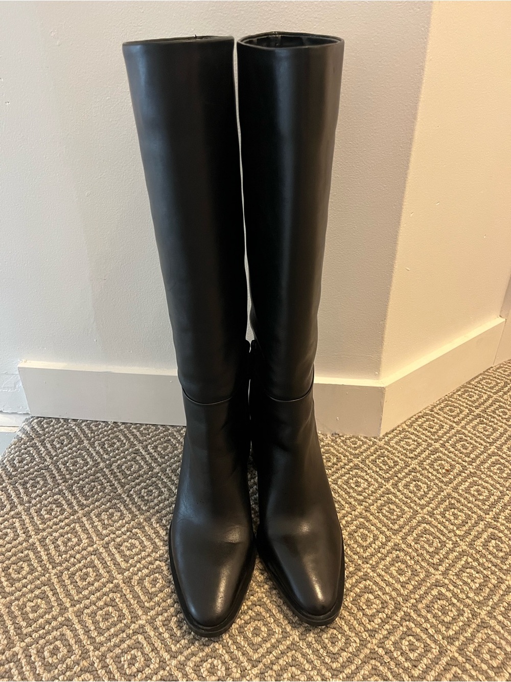 Heeled Black Leather Knee High Boots